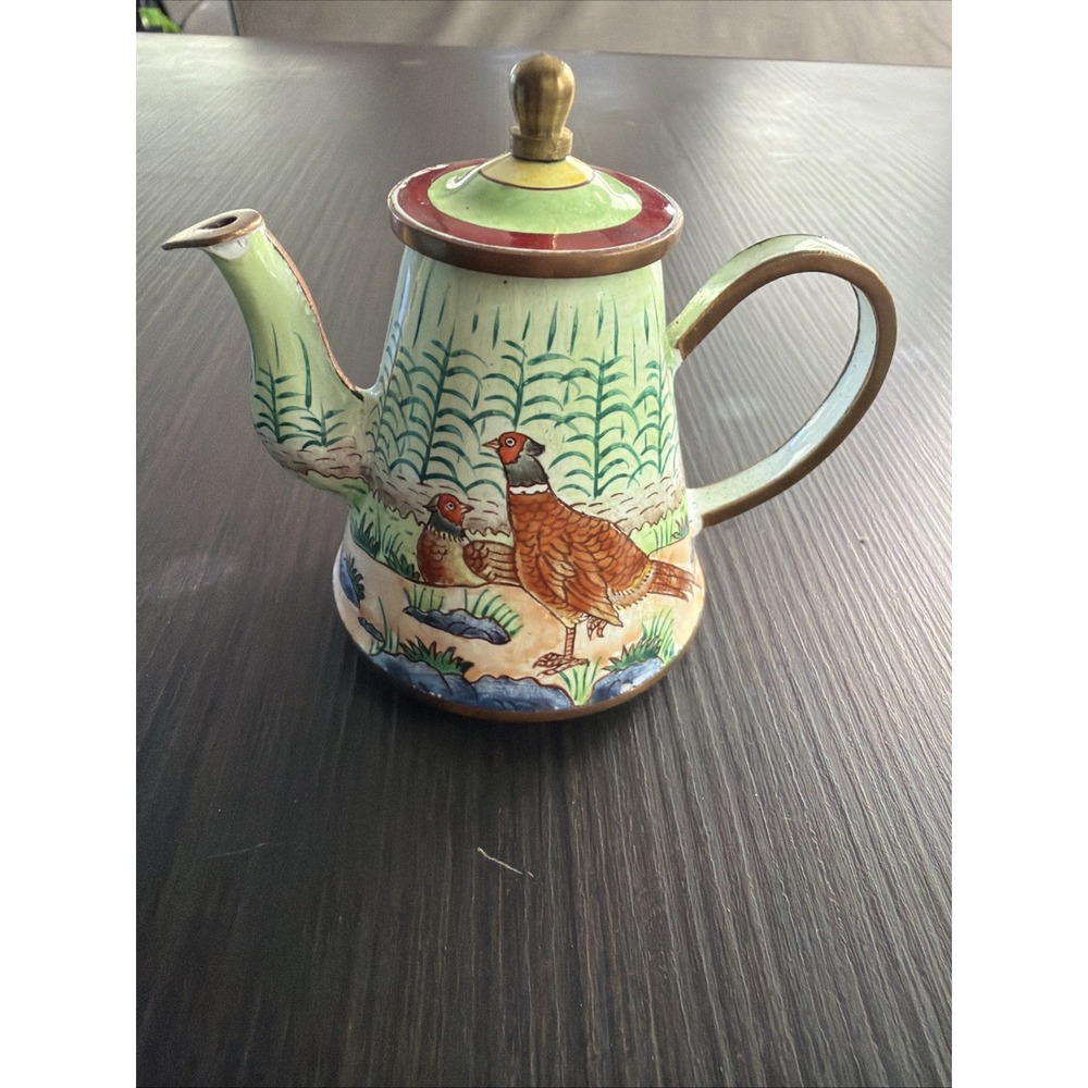 Y2K KELVIN CHEN Enamel Copper Handpainted Mini Teapot Peasants Birds